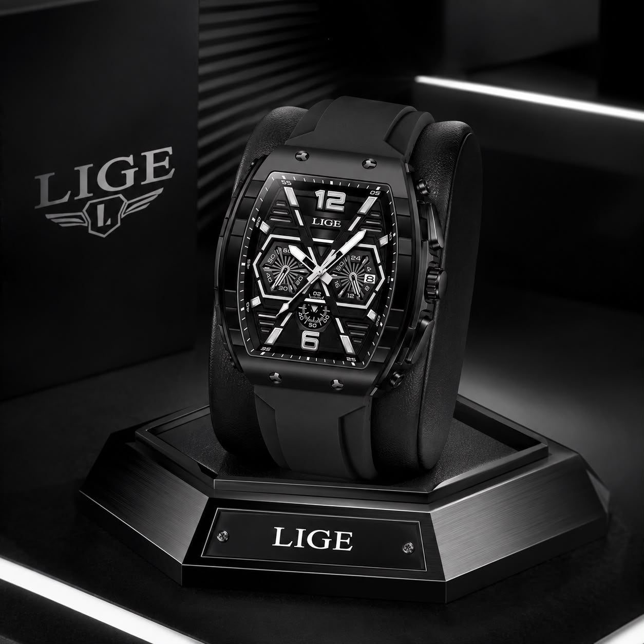 LIGE Tonneau Hexagon Negro - presentación en base de exhibición LIGE