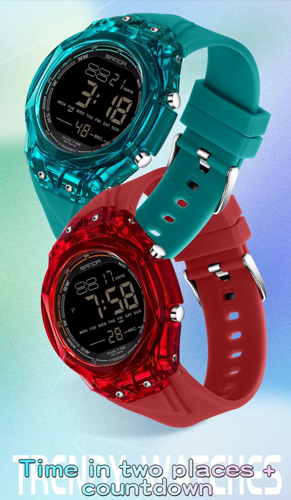 SANDA Crystal Sport Digital Turquesa - carcasa transparente tipo G-Shock con correa turquesa