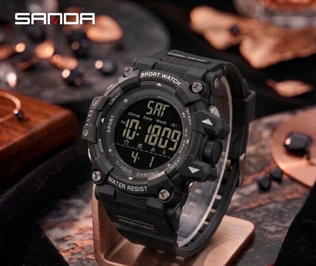 SANDA Sport Watch Digital Blanco Negro - caja blanca con bisel azul y correa negra