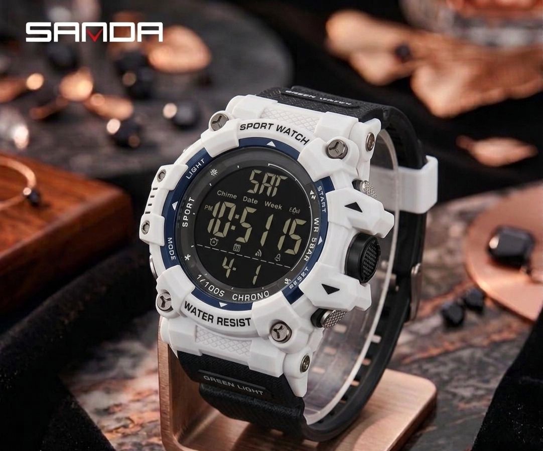 SANDA Sport Watch Digital Blanco Azul - caja blanca con correa azul y bisel azul