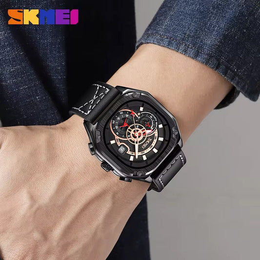 Reloj SKMEI Skeleton Gear negro correa roja en muñeca con chaqueta denim