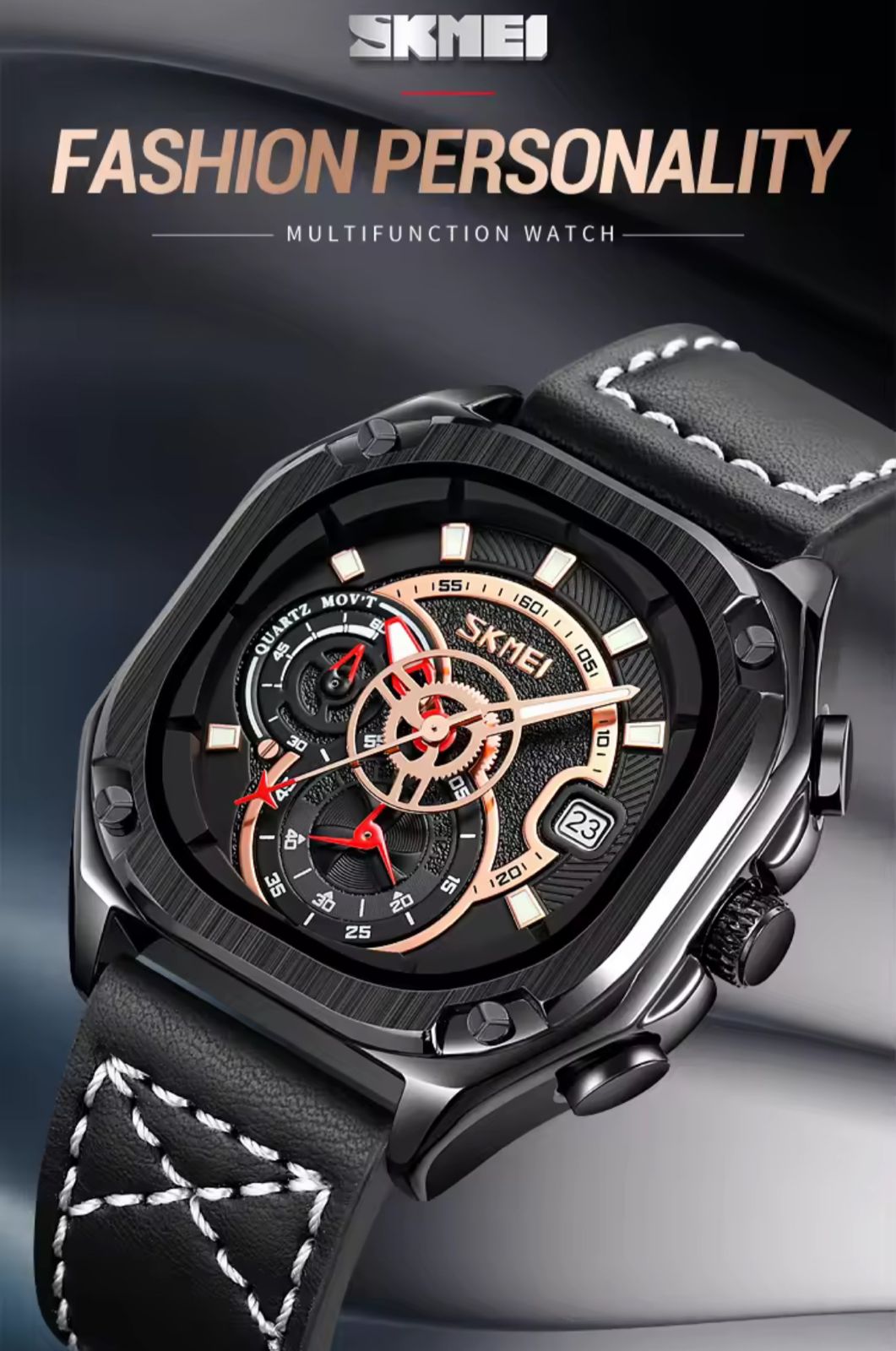 Reloj SKMEI Skeleton Gear correa café naranja sobre rocas con agua