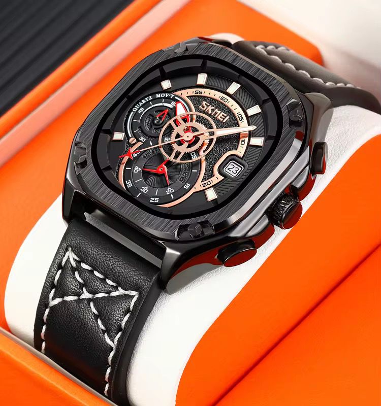 Reloj SKMEI Skeleton Gear negro correa café vista angular premium