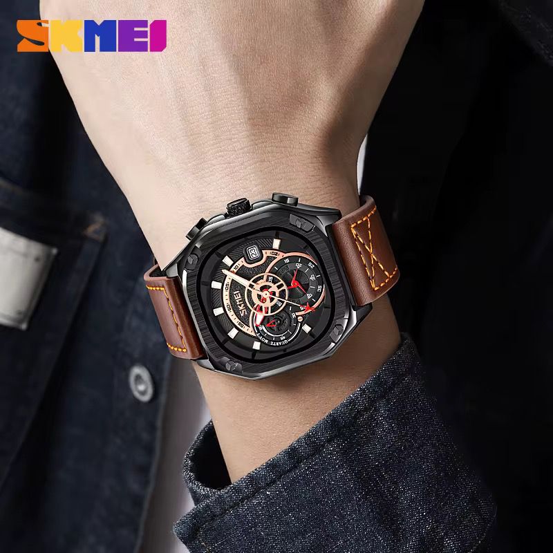 Reloj SKMEI Skeleton Gear negro correa blanca sobre superficie metálica