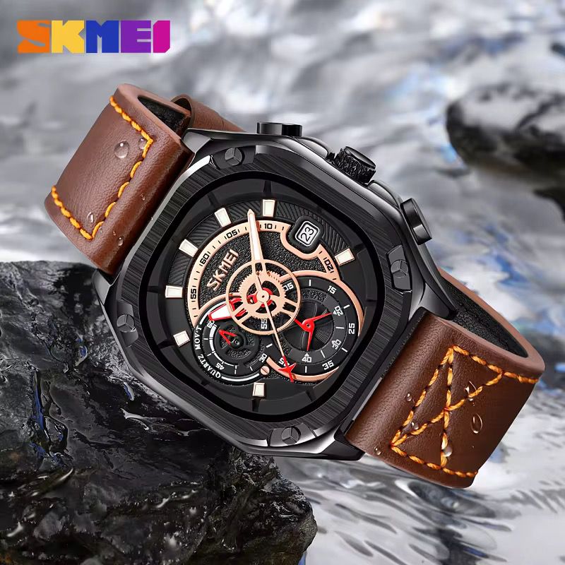 Reloj SKMEI Skeleton Gear negro correa roja junto a lente de cámara