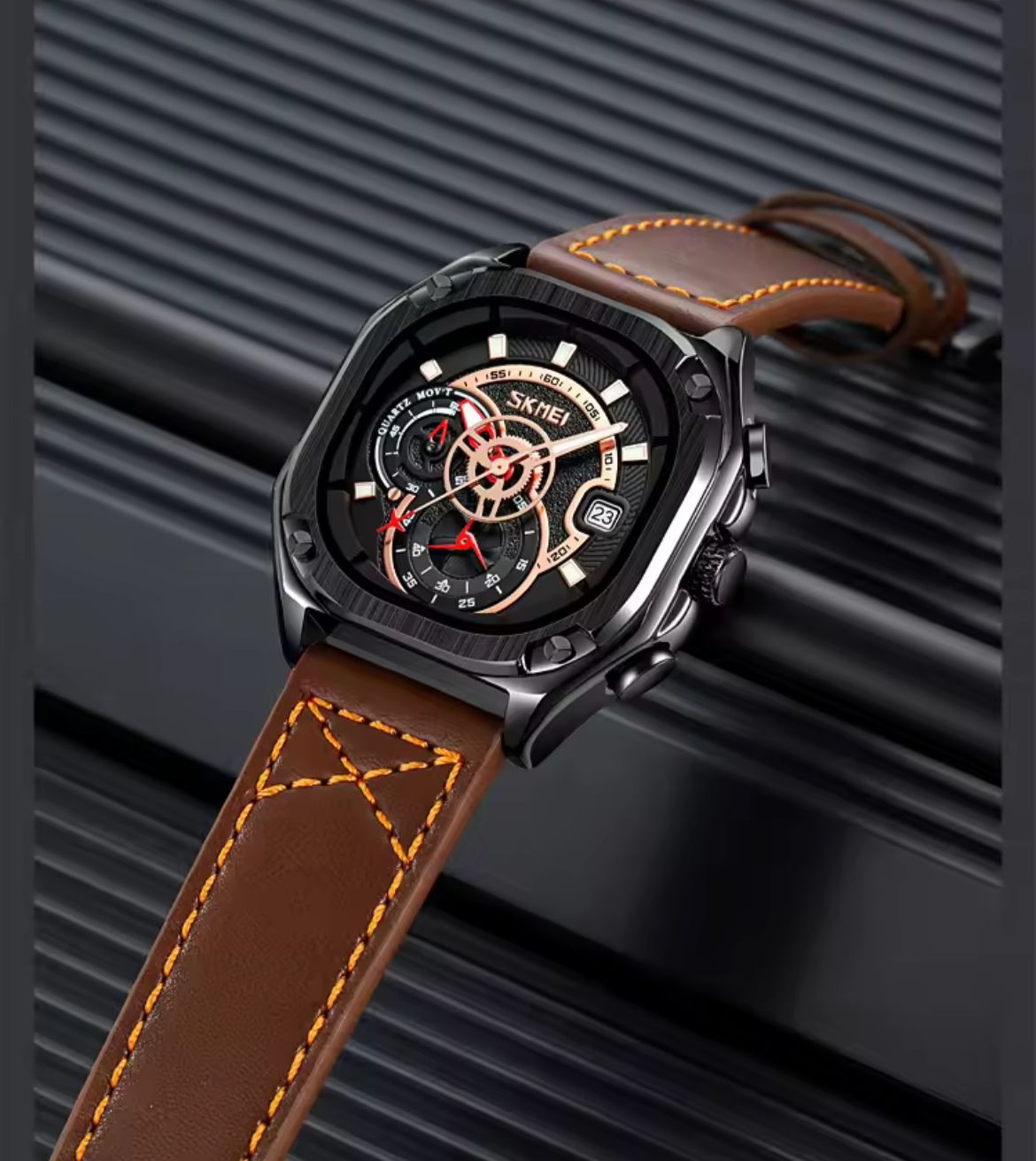 Reloj SKMEI Skeleton Gear negro correa blanca en caja naranja SKMEI