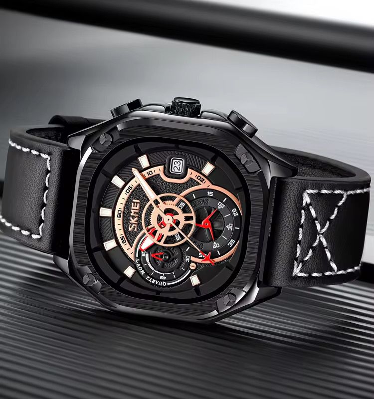 Reloj SKMEI Skeleton Gear negro correa blanca vista frontal sobre superficie