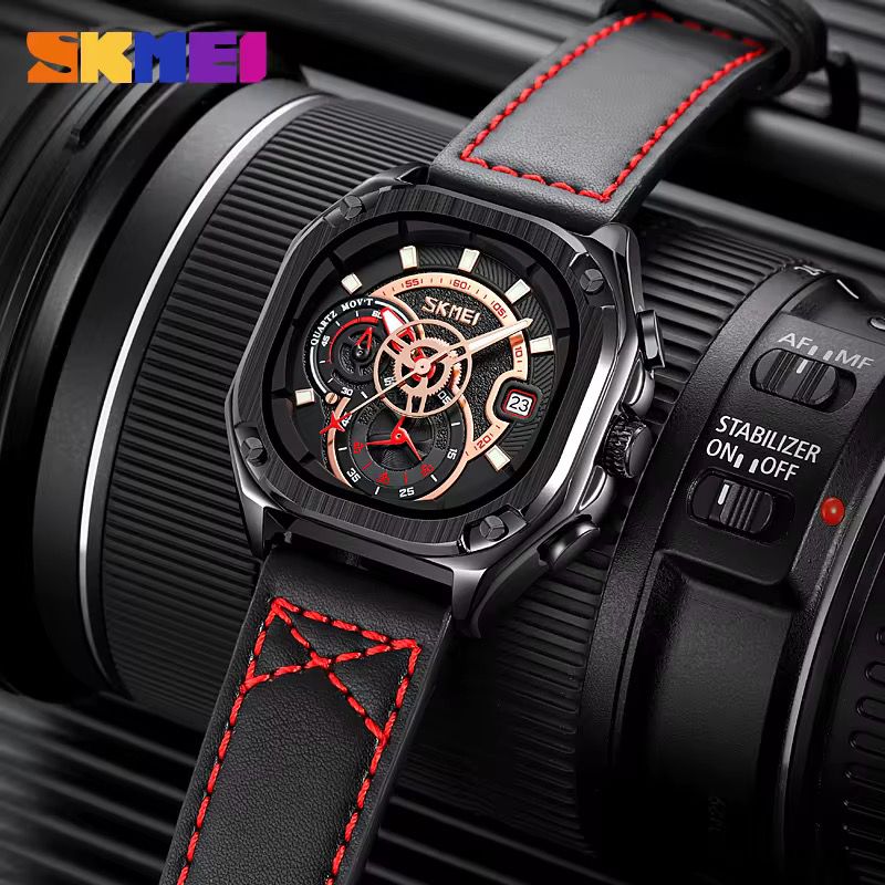 Reloj SKMEI Skeleton Gear negro correa roja detalle esfera engranaje