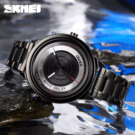 Reloj SKMEI Zoom Lens negro sobre agua detalle lente