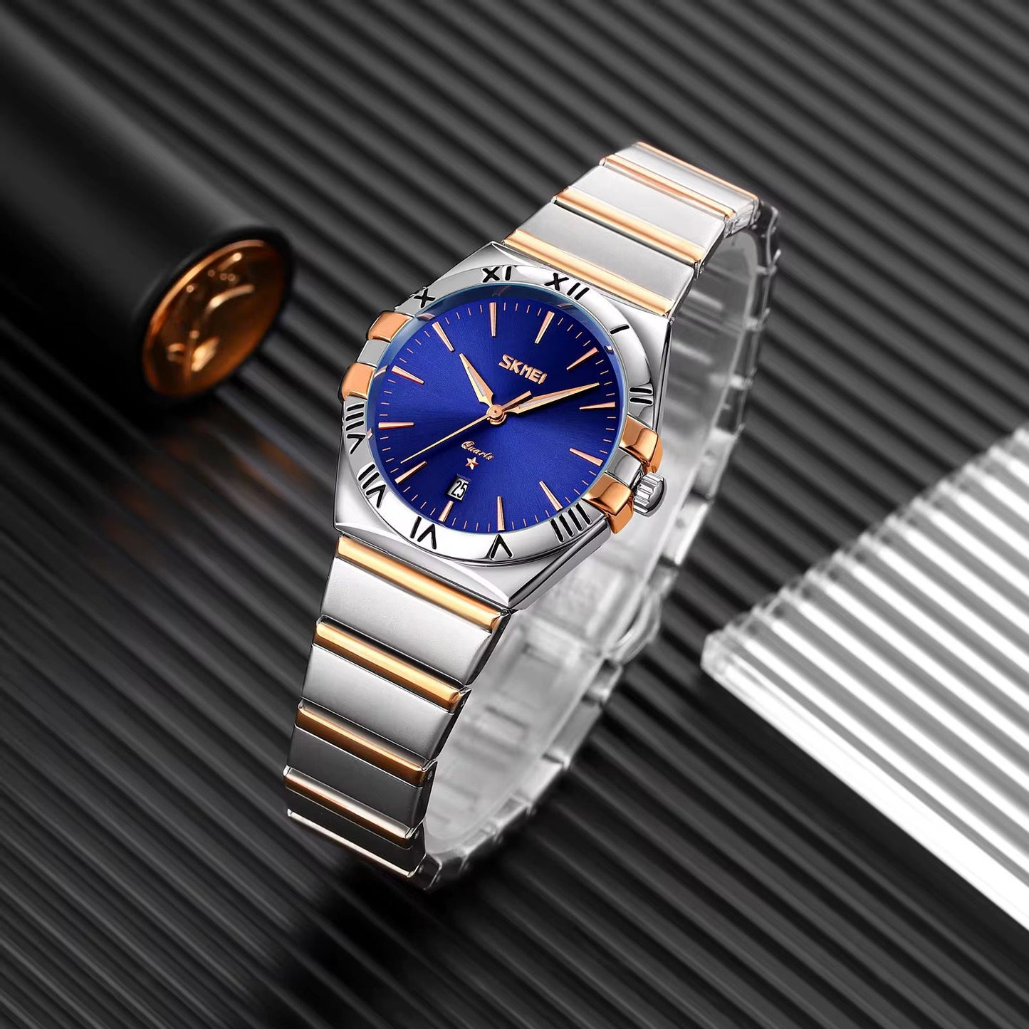 Reloj SKMEI Constellation bicolor oro rosa esfera azul fondo negro