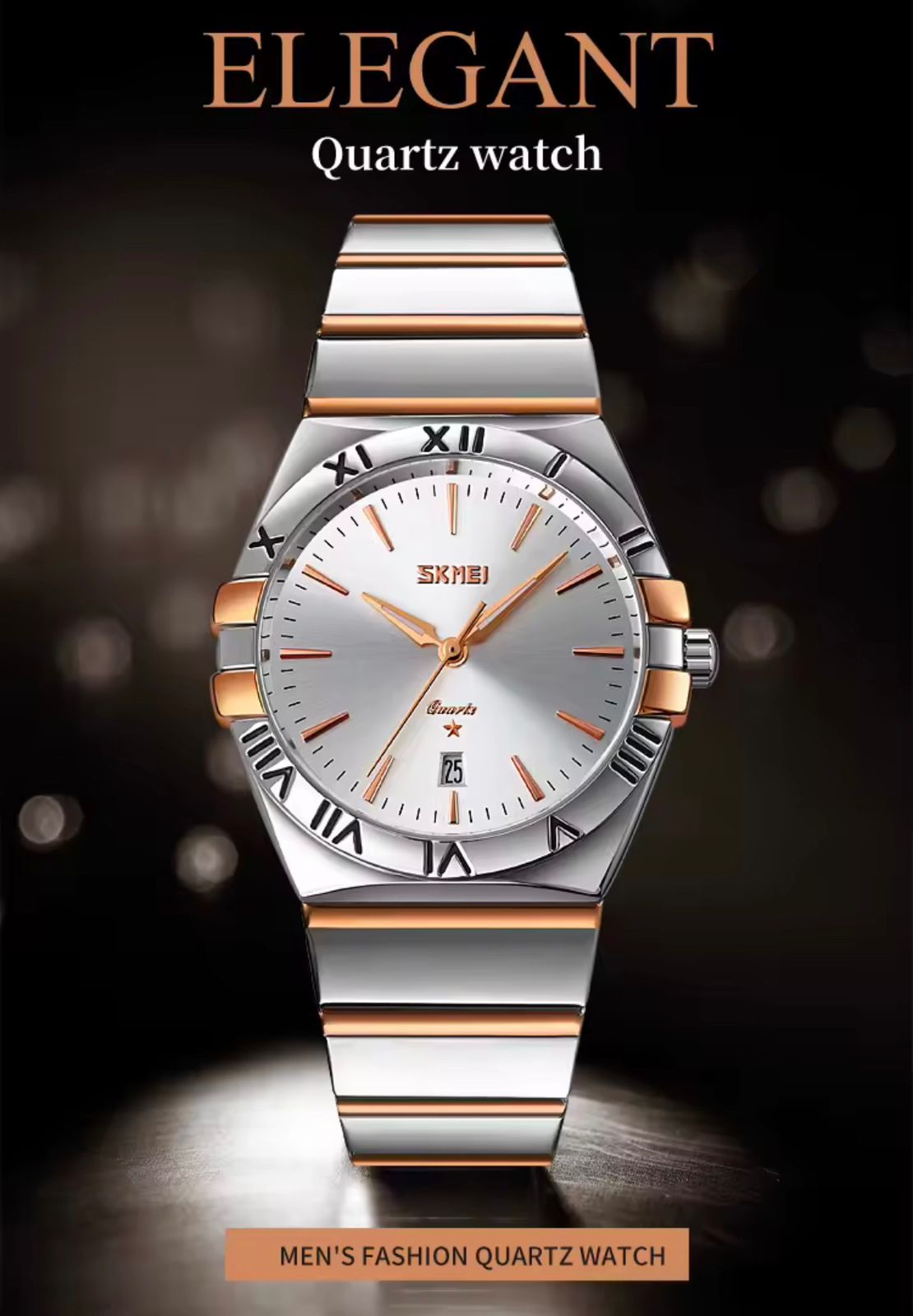 Reloj SKMEI Constellation bicolor oro rosa esfera blanca junto a perfume Lancôme