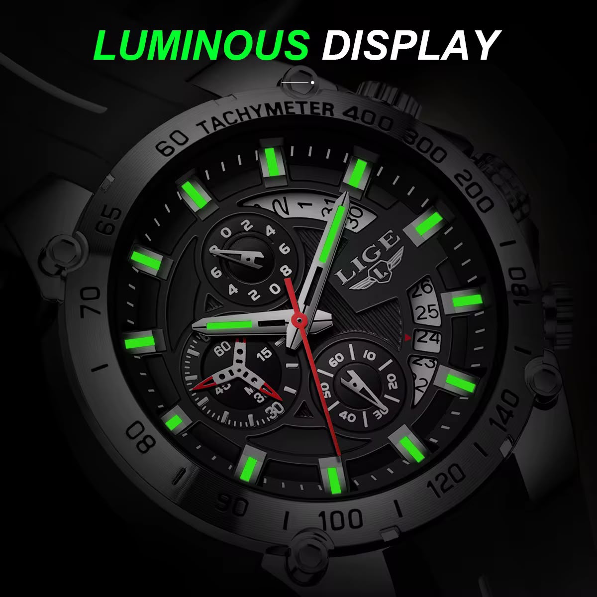 LIGE Tachymeter Sport Negro Plata - resistente al agua 3ATM