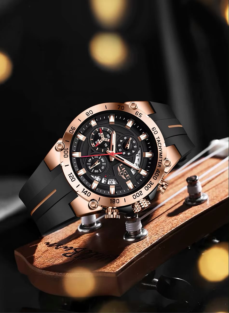 LIGE Tachymeter Sport Azul Plata - correa azul con línea roja