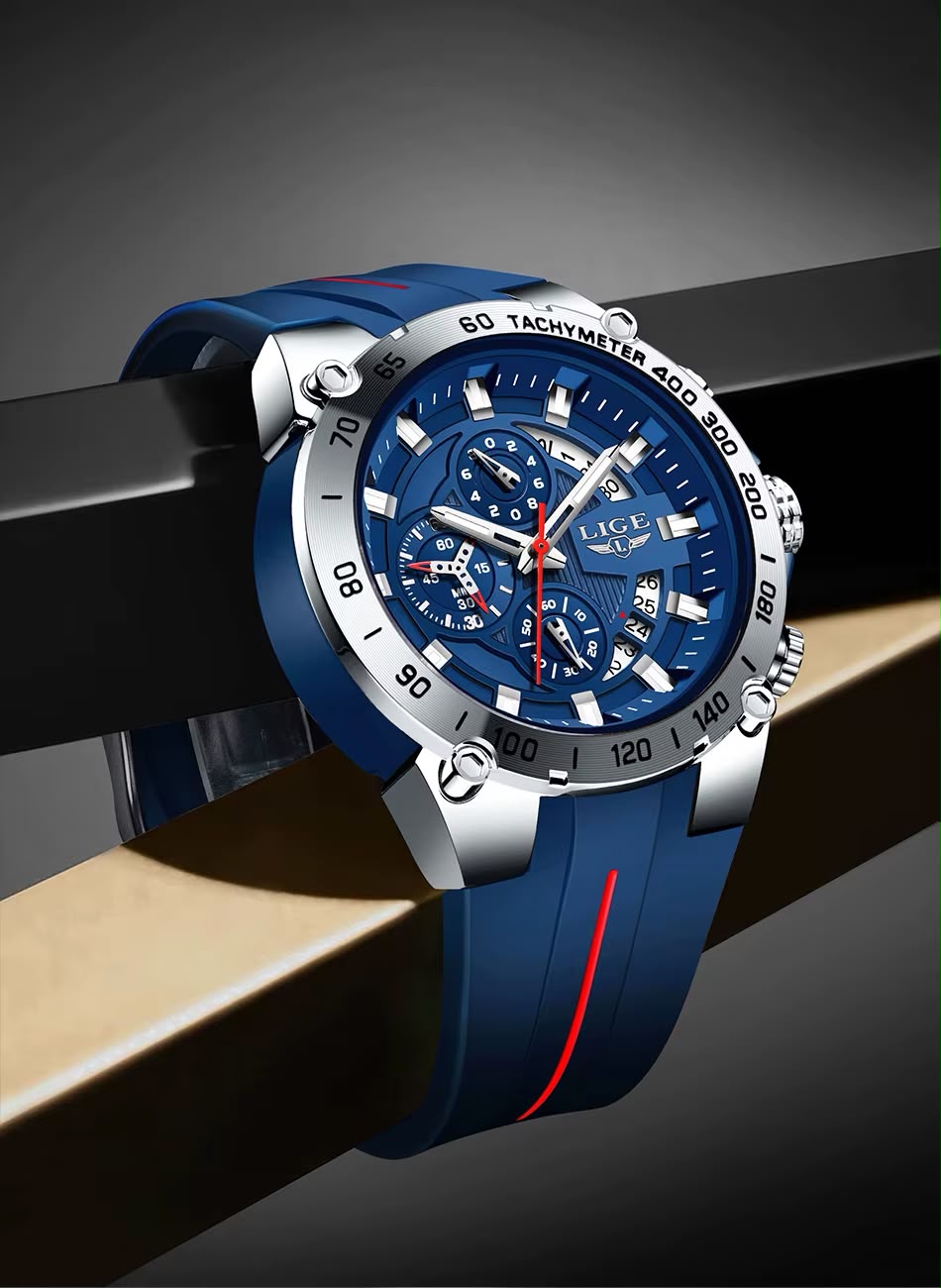LIGE Tachymeter Sport Azul Oro Rosa - caja dorada rosa con correa azul