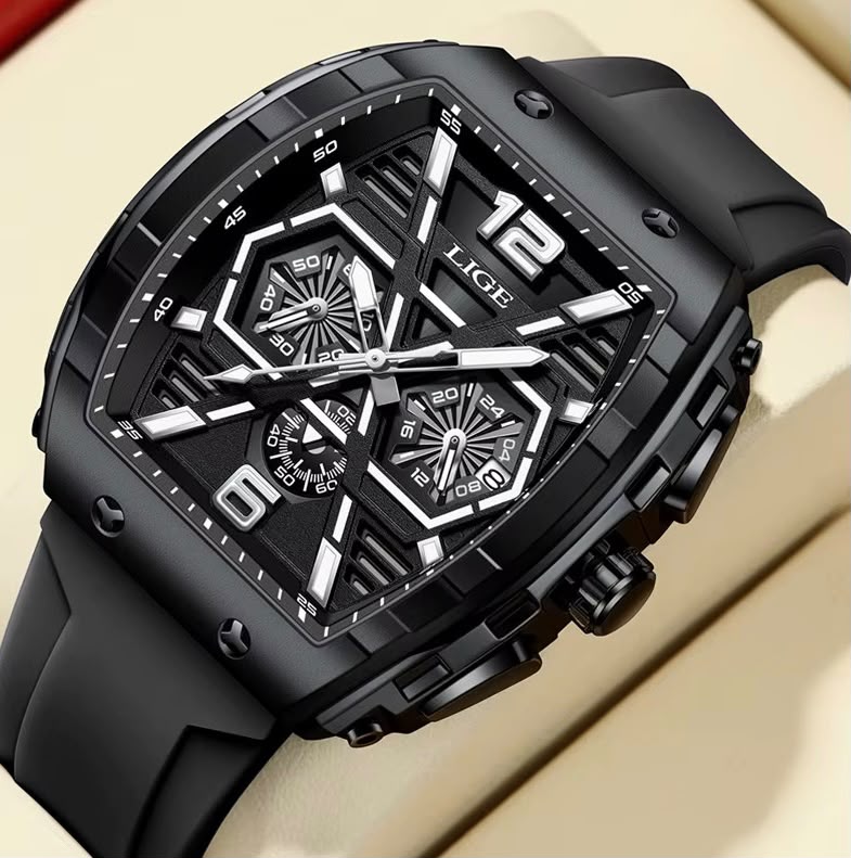 LIGE Tonneau Hexagon Negro - dial hexagonal doble sub-dial con calendario