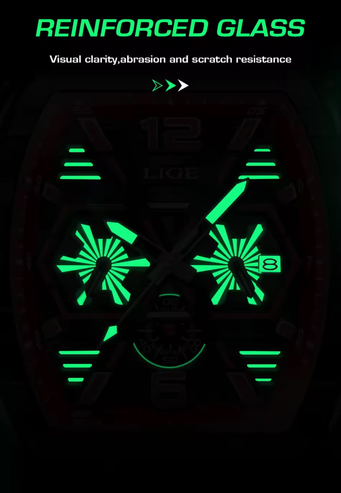 LIGE Tonneau Hexagon - luminoso verde intenso en la oscuridad, vidrio reforzado