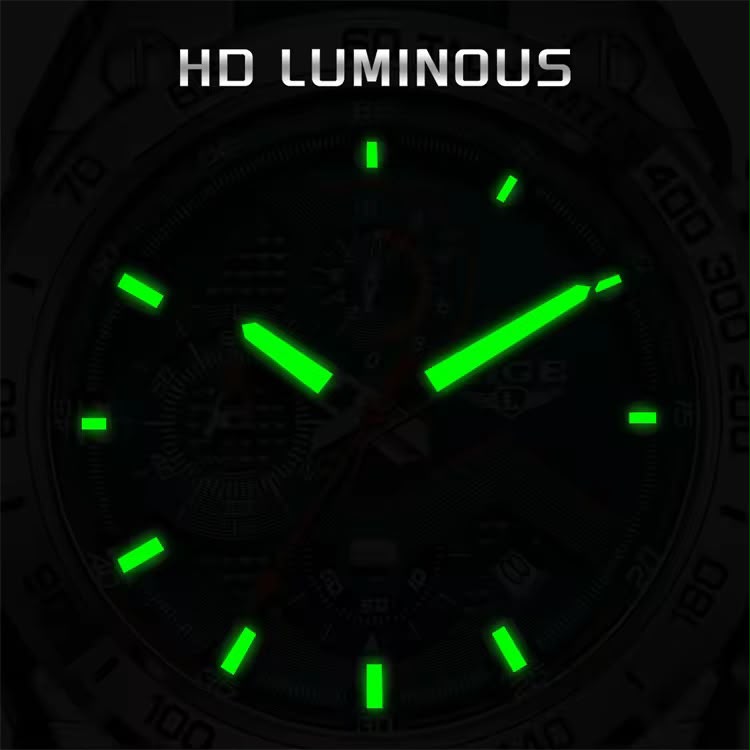 LIGE Tachymeter Pro Max Verde Plata - caja plateada con correa verde y detalles naranja