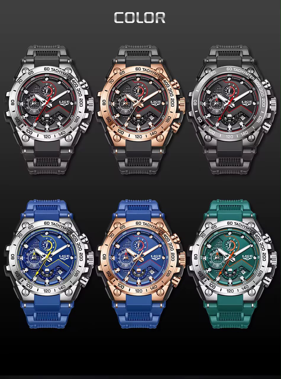 LIGE Tachymeter Pro Max Azul Plata - caja plateada con correa azul y detalles amarillos