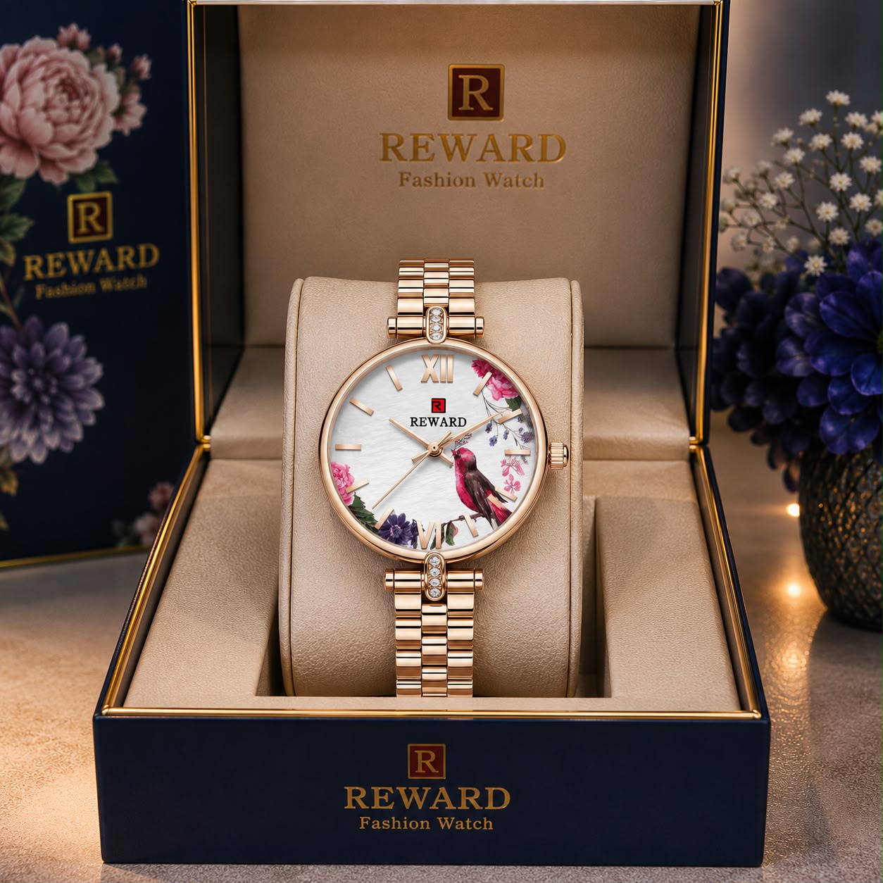 REWARD New Wave reloj plateado dial azul floral